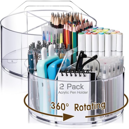 Sunnychicc 2 Pack Acrylic Pen Holder for Desk 360-Degree Rotating Pencil Holder Rotating Desk Organizer Acrylic Office Organizer with 6 Compartments Crayon Marker Pen Holder for Desk