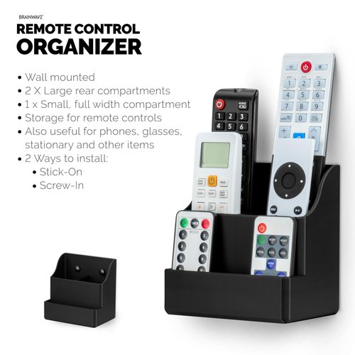 BRAINWAVZ Adhesive Remote Control Wall Mount Holder, Easy To Install, Holds upto 4 Remotes & Storage for Phones, Pens & More, Screw-In or Stick-On