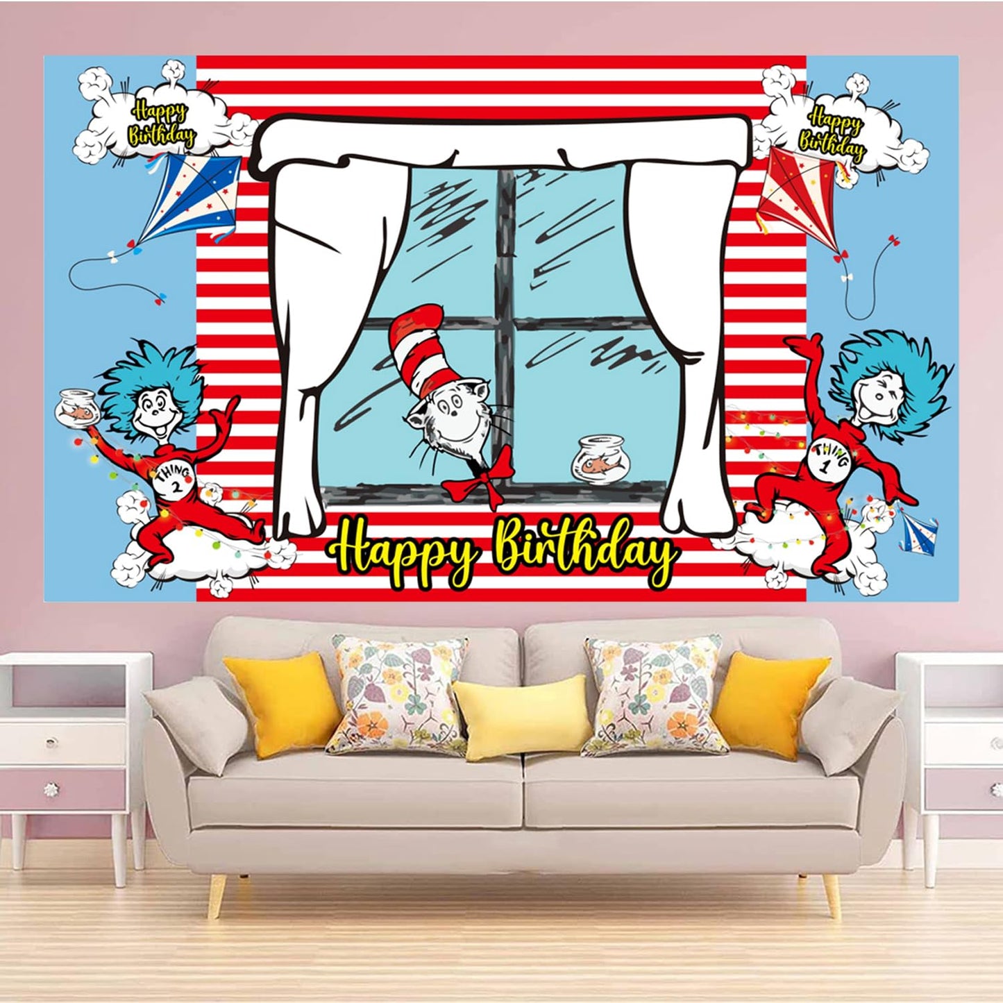 Happy Birthday Backdrop Banner 70.8X43.3 inches, Red and Blue Stripes Cartoon Window Kite Photography Background for Cat in The Hat Birthday Decoration