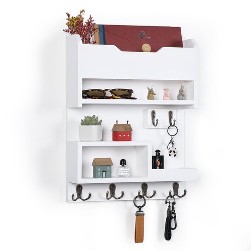 HEKFL Key Holder for Wall, Mail and Key Holder with Key Hooks, Mail Organizer Wall Mounted for Home Decor, White