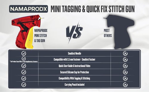NAMAPRODX Mini Sticky Gun for Clothes Temp Fixes, Tagging Gun for Clothing, Buttoneer, Mending Pro,Hemming Tool, Clothing Stapler Gun, DIY, Versatiles - 4500 Micro Fasteners & 1 Needle - Red with Case