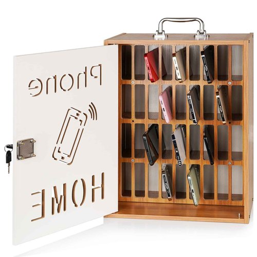 Lzttyee Cell Phone Holder Classroom 36 Slots Wooden Cell Phone Storage Cabinet Pocket Chart with Handle and Security Lock for Classroom Office (36 Grid Cabinet Cherry)