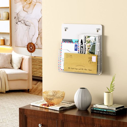 HIIMIEI Magnetic File Holder, 2 Pack Mail Magazines Organizer Wall Mount, Acrylic Hanging Wall File Organizer for Cabinets, Whiteboard, Refrigerator (Clear)