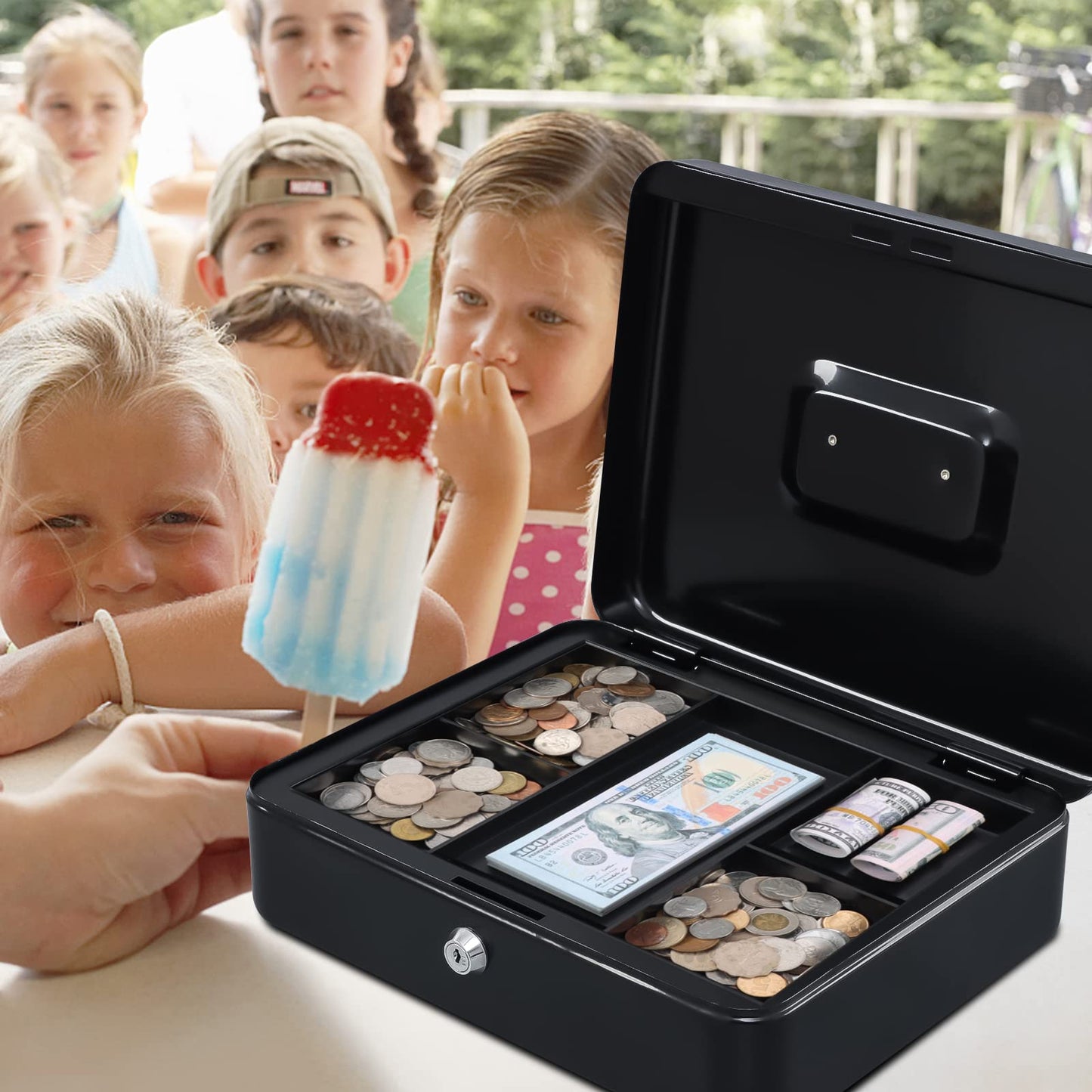 KYODOLED Metal Cash Box with Money Tray and Lock,Money Box with Cash Tray,Cash Drawer,11.81"x 9.45"x 3.54" Black X Large