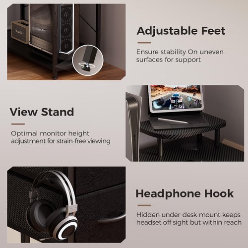 GTPLAYER L Shaped Desk with Drawers, Carbon Fiber Style Computer Desk with Monitor Shelf, Black Small L Shape Desk with Adjustable Open Storage Shelf, Corner PC Table for Small Space Home Office