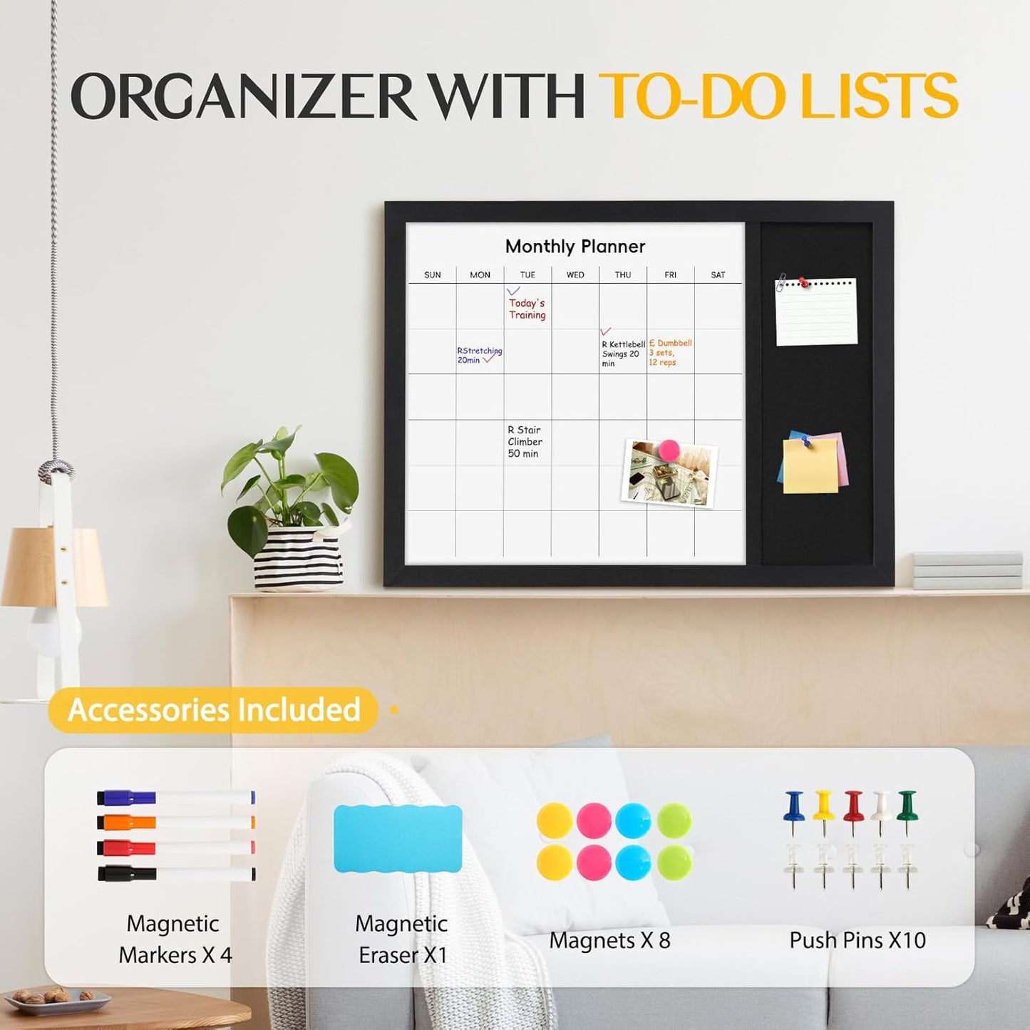 WALGLASS Dry Erase Calendar Whiteboard - 24" X 18" Linen Design with Wood Frame for Home & Office