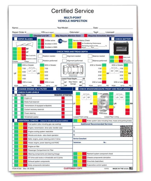 Pack of 250 Sheets GM Multi-Point Vehicle Inspection Report - 3 Part Checklist PER Manufacturer's Recommendation Forms, White with Multi Colored