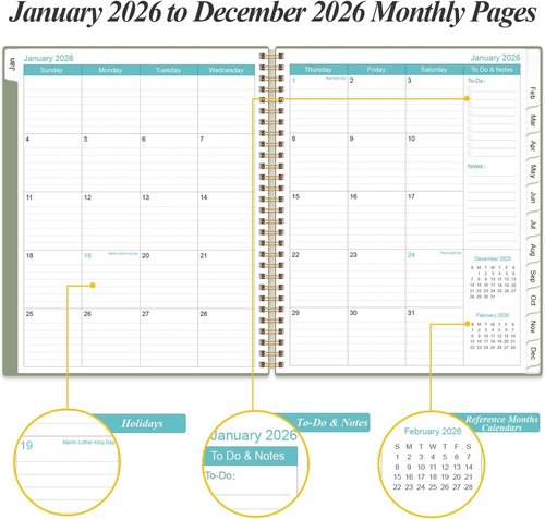 2026 Planner - Monthly Planner with Flexible Cover, Inner Pocket | 8.5" x 11", Green-B