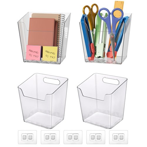 Clear Adhesive Wall Storage Bins, M Size 4 Pack Cabinet Door Organizer Holders, Hanging Wall Mount Pockets, Plastic Cups for Shower Bathroom Makeup Office Craft Remote Kitchen Sink RV Organization