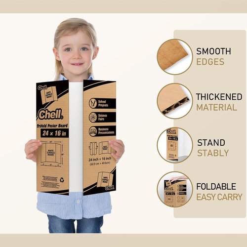 Chell Mini Trifold Poster Board - 16" x 24" White Corrugated Project Boards | 12 Pack