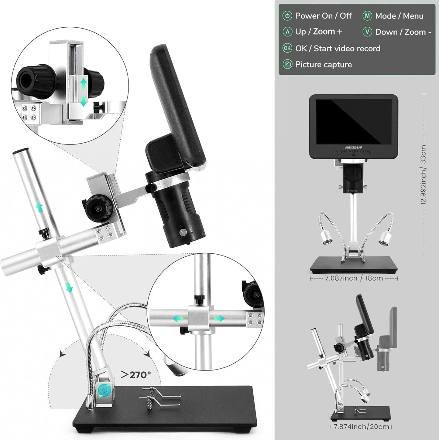 Andonstar AD246S-M HDMI Digital Microscope - 2000x Magnification, 2160P UHD Video, 7-Inch LCD Display, Pro Boom Arm Stand
