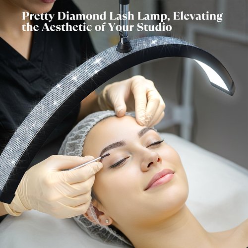 Mznoo Lash Light, 23 Inch Bling Diamond Half Moon Light for Eyelash Extensions, Nail Art, Tattoo Art and Skincare, Adjustable Color Modes and Flexible Gooseneck, with Tool Tray (Black)