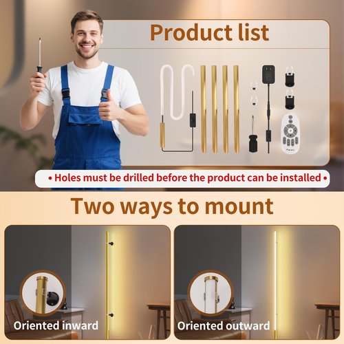 PEESIN 58.2" inch Gold Corner Lamp, Plug in Corner Light with Remote, Minimalist Modern Long Wall Light, Dimmable Living Room Wall Lights, Space-Saving LED CornerLamp for Living Room, 1 Pack