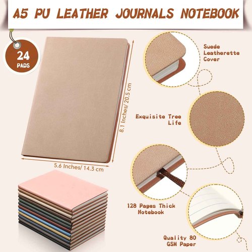 PerKoop 24 Pcs A5 PU Leather Journals Soft PU Leather Cover Ruled Writing Notebook Lined Journal Notebook for Office School Business Writing 128 Pages, 8.1'' x 5.6'' (Morandi Color)