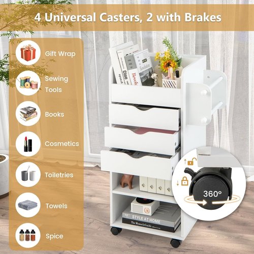 Nightcore Rolling Storage Drawer Cart, Mobile Chest of Drawers, 3 Shelves, 3 Slots, 2 Rolling Rods, Organizer Cabinet w/Lockable Casters, Wide Storage Space for Home Office, Living Room, Study (White)