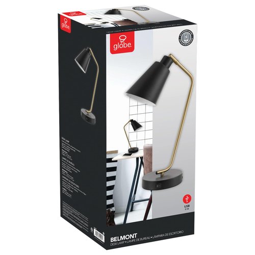 Globe Electric 52095 Belmont 17" Desk Lamp, Matte Black, Antique Brass Accents, Fast Charging USB Port, Rocker On/Off Switch