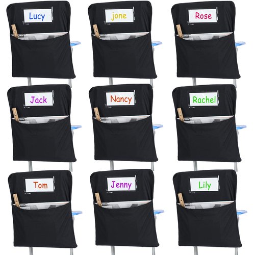 Xaatren 24 Pcs Small Chair Pockets for Classroom 14 Inch School Chairs Bag Chairback Buddy Seat Pocket Student Classroom Organizer with Name Tag for Primary School Chair up to 14'' Wide(Black)