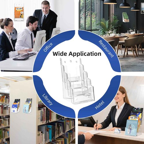 4 Pcs Acrylic Brochure Holder, 6 x9 Inches Flyer Holder, 4 Tier Clear Pamphlet Holder, 6.9 Inch Wide Magazine Literature Organizer Holder, Brochure Display Stand, for Wall Mount or Desktop Use