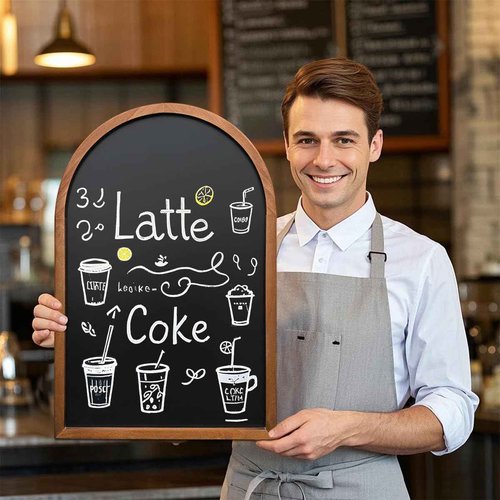 Curved Blackboard, 15.8x23.6 Inches, Chalkboard Sign, Non-Magnetic, Pine Frame, Wall Mounted, with Four Chalk and Six Writing Pens, Environmentally Friendly, Easy to Erase, Office, School, Bar