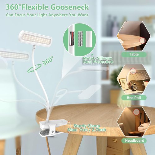 Deaunbr Clip-On Light - Eye-Caring 66 LEDs Reading Light with 4 Brightness Levels | Rechargeable Desk Lamp for Home & Office