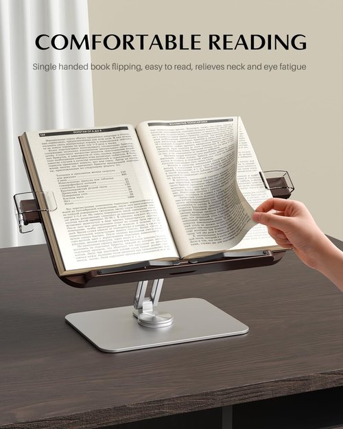 EWX Adjustable Book Stand with 360 Swivel Base, Foldable Cookbook Stand for Recipe Books, Laptops, Textbooks