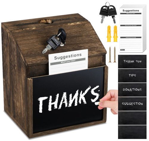 AFOROEOA Wood Suggestion Box with Lock - 6 Chalkboard, 100 Suggestion Cards, Tip Jar, Wall Mountable Donation Box, 8x7x6Inches