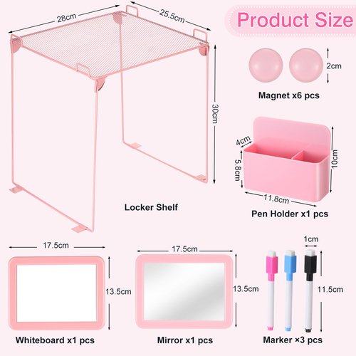 Fippy Pink locker accessories kit, locker decorations for girls, cute locker set includes locker shelf, magnetic locker mirror and whiteboard, pen holder, markers and magnets