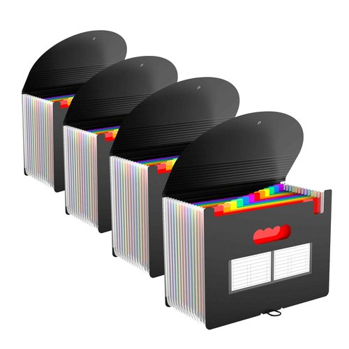 4 Pack Expanding File Folder with Blank Label, 12 Pocket Accordian File Organizer Document Storage Organizer, Desktop Accordion Folders File Keeper A4 Letter Size for Home School Office