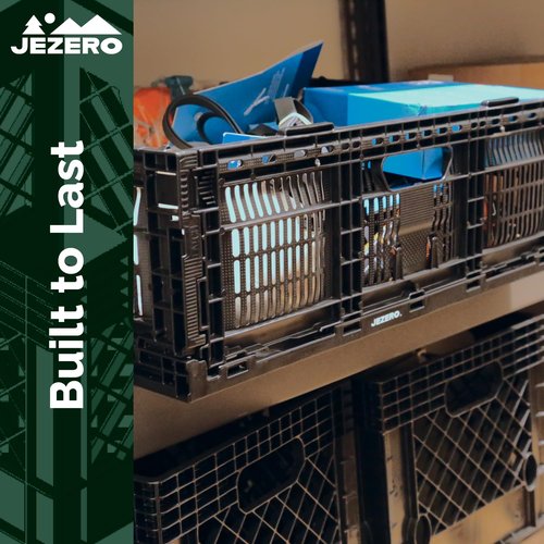 JEZERO Medium 2-Pack Collapsible Plastic Storage Crate – Stackable Utility Bin with Folding Walls for Garage, Closet, Car Trunk, and Home Organization | Black, 24" x 16" x 8"