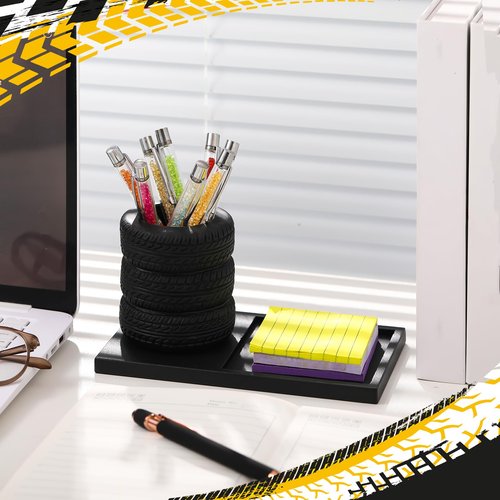 Fullhawl Tire Shaped Pen Holder with Sticky Notes Holder Set Tool Planter Pencil Storage Holder Desk Organizer Home Office Supplies Gift for Mechanics Car Lovers (Black)