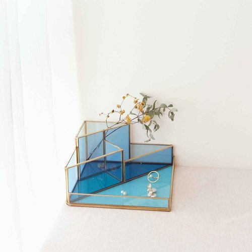 FONDAZZA Set of 3 Gold Desk Organizers for Home Office Supplies, Gold Brass and Blue Glass, 1 Each of 5, 4 & 2-Compartment Storage for Stationery, Cosmetic, makeup tools and Brush.