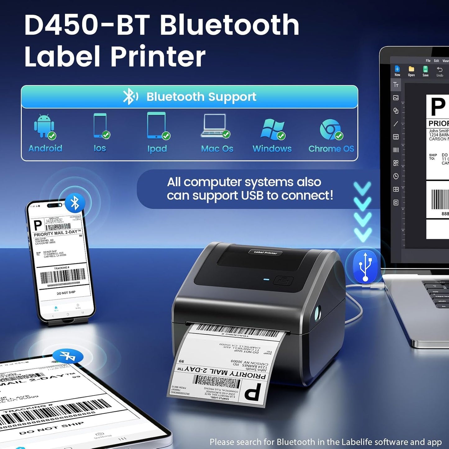 Omezizy Bluetooth Shipping Label Printer 4x6, D450BT Thermal Label Printer for Shipping Packages, Thermal Printers for Small Business, Compatible with Android, iPhone, Windows, macOS, Tiktok, UPS