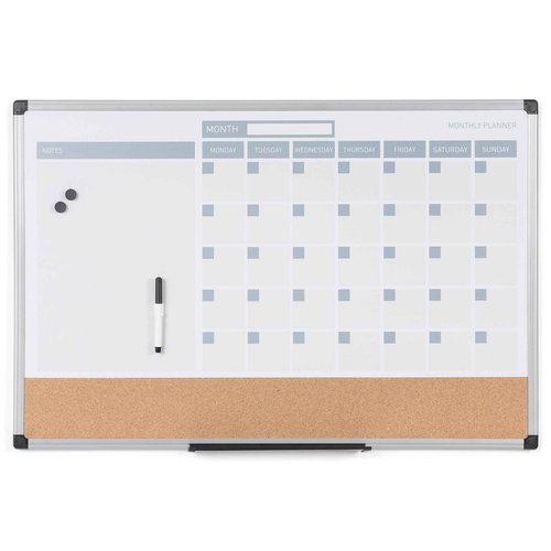MasterVision Magnetic Dry Erase Monthly Calendar Planner Push Pin Corkboard Combo with Marker Tray, 24" x 36", Gray Plastic Frame, White, MB0707186P
