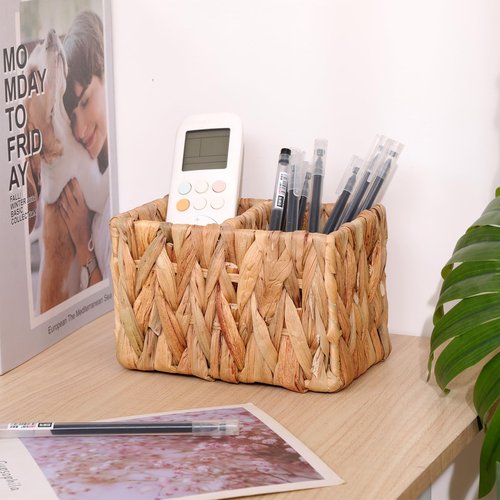 SWT8CAI Remote Control Holder Wicker Desk Organizer Woven Storage Basket,TV Remote Control Organizer Holder Storage Caddy for Table with 2 Compartments