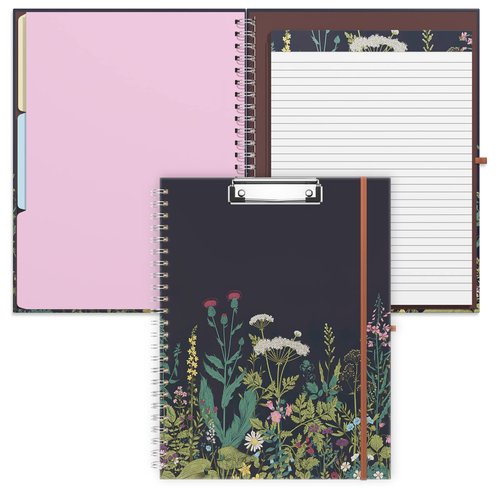 Rimilak Spiral Clipboard Folio with Refillable Lined Notepad, 14.5 x 9.8 in, Hardcover Cover with 5 Interior Pockets, Elastic Band and Pen Loop Series. Cute Stylish Clipfolio, Daisy Flower