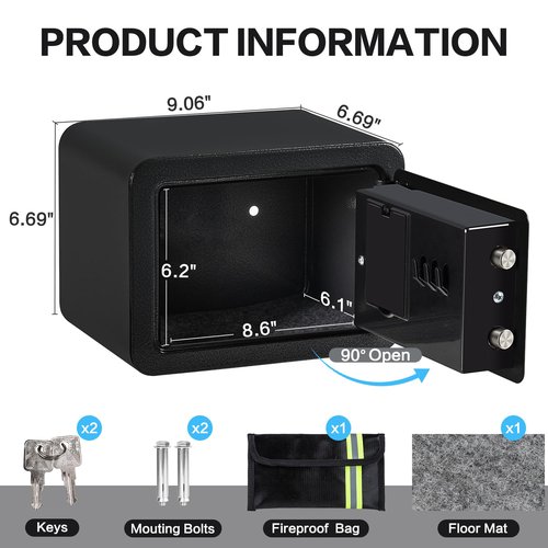 0.23 Cubic Feet Safe Box, Small Safe W/Fireproof Bag, Keys & Pass Code, Digital Electronic Security Money Box for Cash, Document, Home, Office, Hotel Use, Black, 6.69"D x 9.06"W x 6.69"H