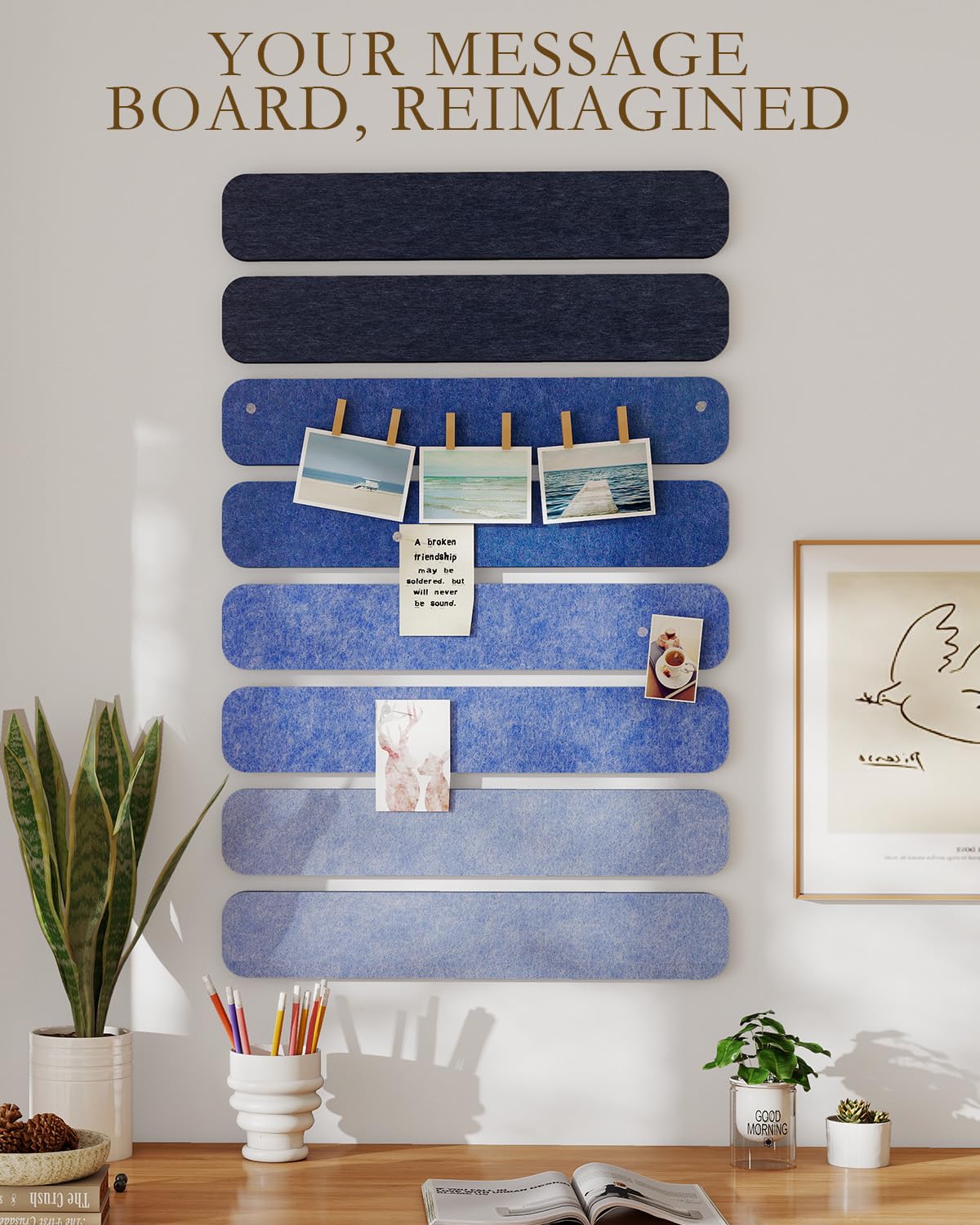 JBER Felt Strip Board 8 Pack 13"x2", Cork Board Alternative Pin Bulletin Board, Self-Adhesive Vision Board with 25 Push Pins for Walls, Office & Home Decor(Denim Haze)