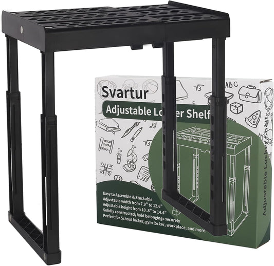 Svartur Locker Shelf - Adjustable Height & Width | Stackable Organizer for School & Gym Lockers - Black