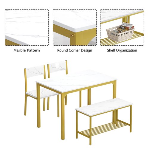 SDHYL Dining Table Set,Two Chairs and One Bench 4 Pieces Set Wooden Table Top with Metal Legs for Breakfast in Living Room, Kitchen Room, Dining Room,Space Saving Kitchen Table Set,Rustic Brown