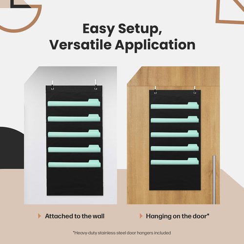 Hippo Creation Heavy Duty Storage Pocket Chart - 5 Pocket Organizer with Over-Door Hangers | Black