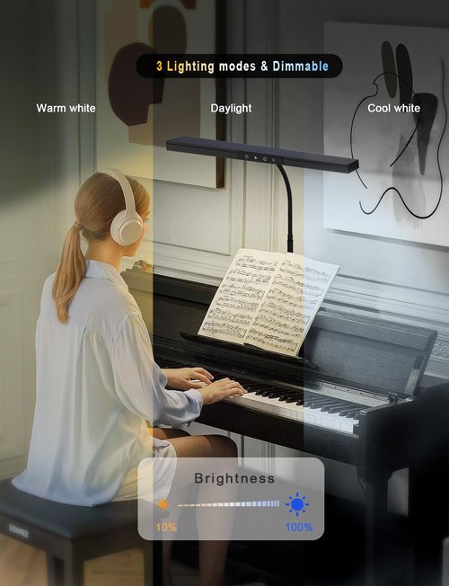 ANINO Piano Light for Upright Piano,55'' Wide Illumination Area,Gooseneck Adjustable Height&Direction,3 Light Modes Dimmable, Timer Eye Care LED Piano Lamp with Steady Base Music Stand Light, Black