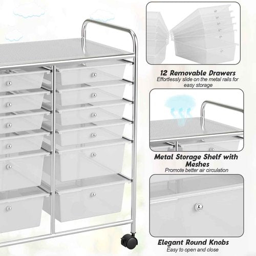OFFICEJOY Storage Cart, 12 Drawer Rolling Organizer Cart with Large Capacity, Portable Carrying Handle & Lockable Wheels, Utility Cart for Tool Home Office School Beauty Salon Art Craft (White)
