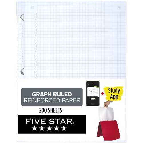 Five Star Loose Leaf Paper + Study App, Graph Ruled Filler Notebook Paper, Reinforced, Fights Ink Bleed, 8-1/2" x 11", 200 Sheets (170055-ECM)