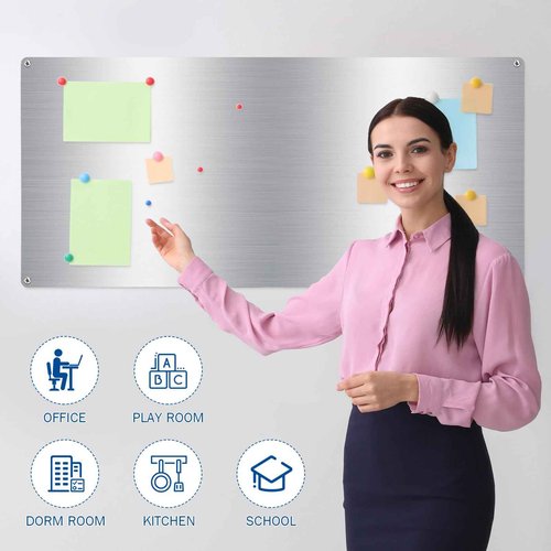 Therwen 2 Pieces 30 x 14 Inches Magnetic Wall Board Wet Erase Stainless Steel Magnet Bulletin Board Easy to Install with Mounting Screws for Home Office School Wall Refrigerator Display
