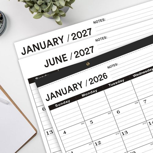 **Regine Switzerland Desk Calendar 2026-2027 | Large 22x17 with PVC Cover & Notes List (Black)**