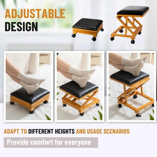 CroBlissful 2 Pack Rolling Adjustable Foot Rest Foldable Under Desk Ottoman with Wheels Leather Foldaway Guitar Foot Stool for Home Office Living Room Bedroom