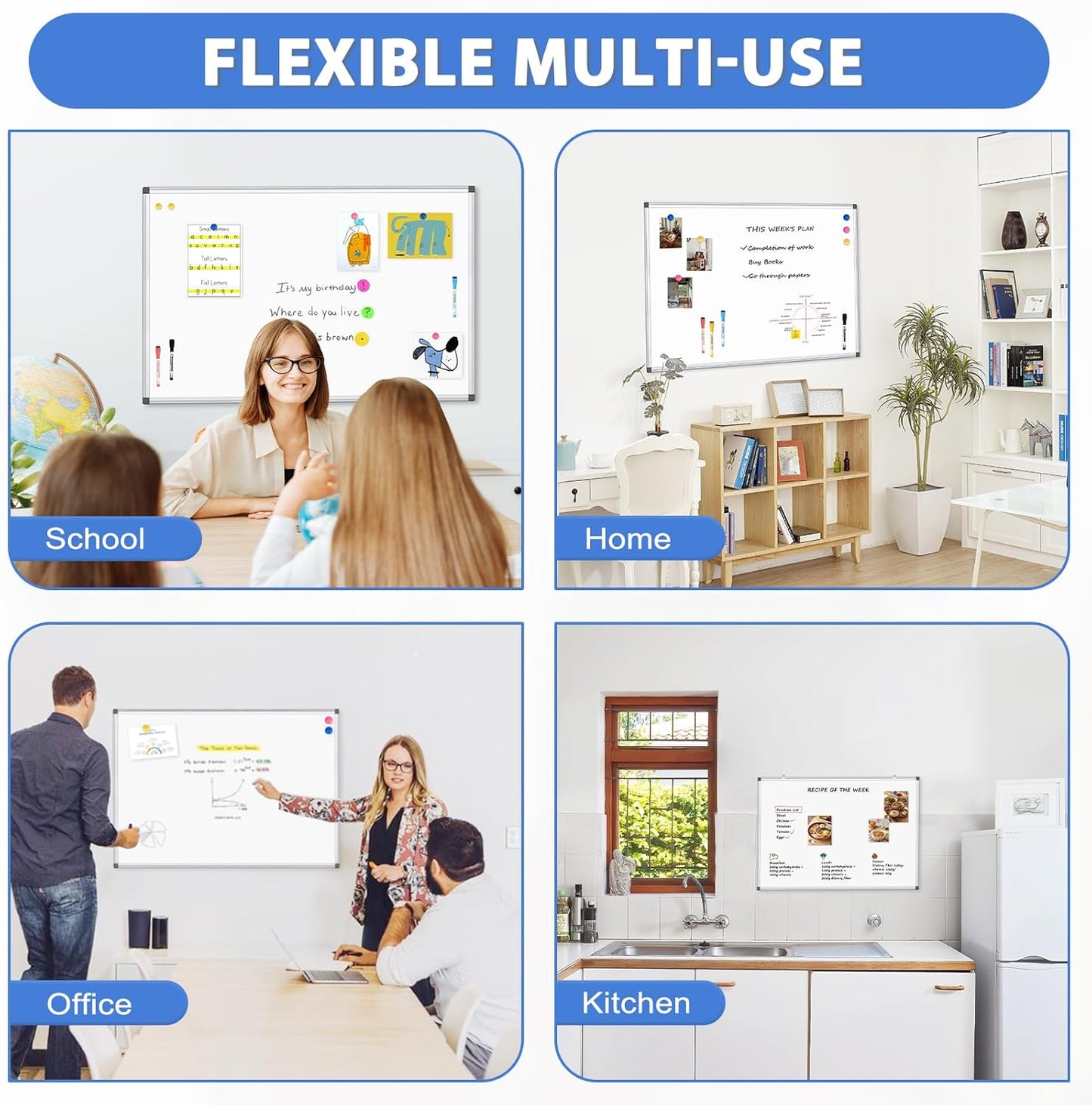 WALGLASS Double-Sided Dry Erase White Board - 36" x 24" | Wall-Mounted with Silver Aluminum Frame