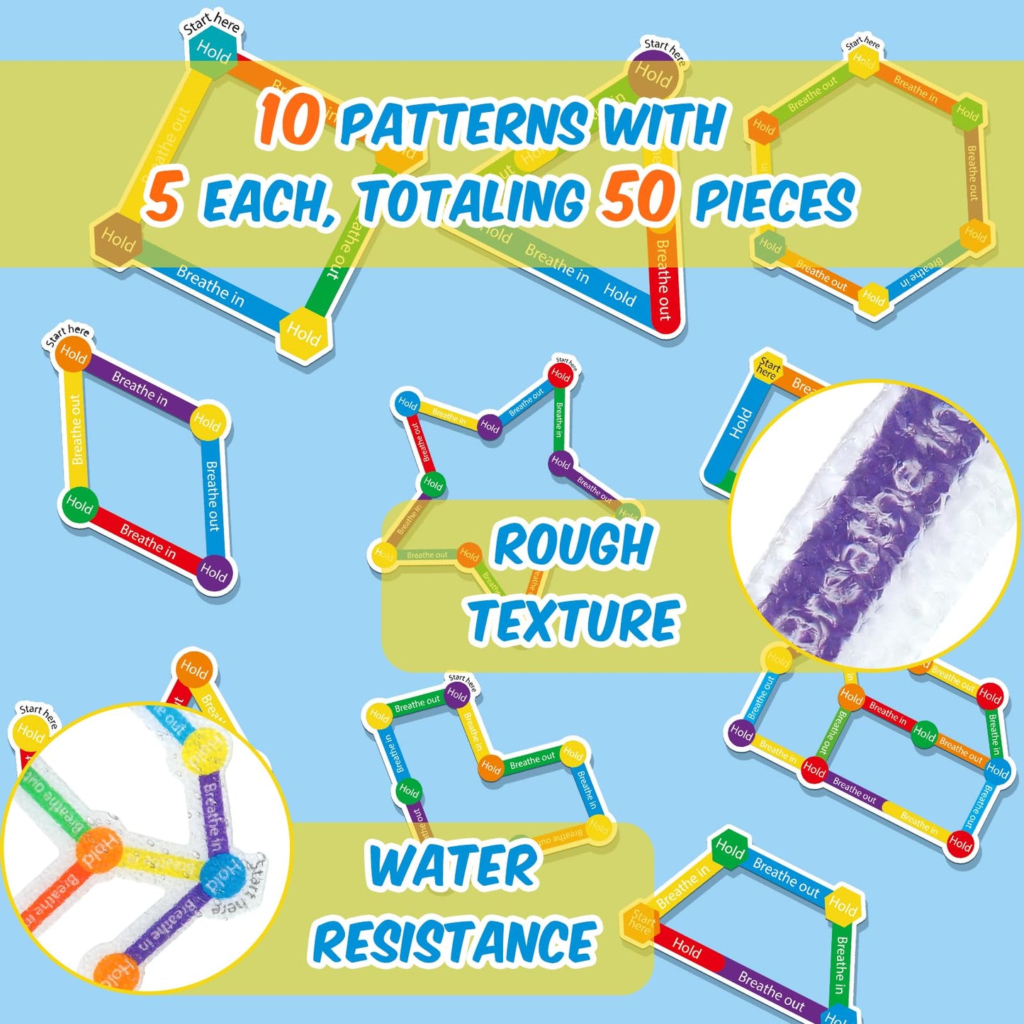 Crtiin 50 Pieces Anxiety Sensory Stickers for Anxiety Relief Calm Textured Mental Health Stickers Breathing Fidget Relief Strips for ADHD Teen Adult Office Classroom Desk Stress(Fresh Style)