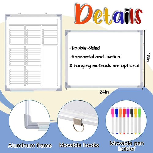 Lincia Magnetic to Do List Whiteboard for Wall 24" x 18" Large Weekly Dry Erase Board, Hanging Double-Side White Board Calendar for Planning Drawing Memo Home Kitchen Office(White)