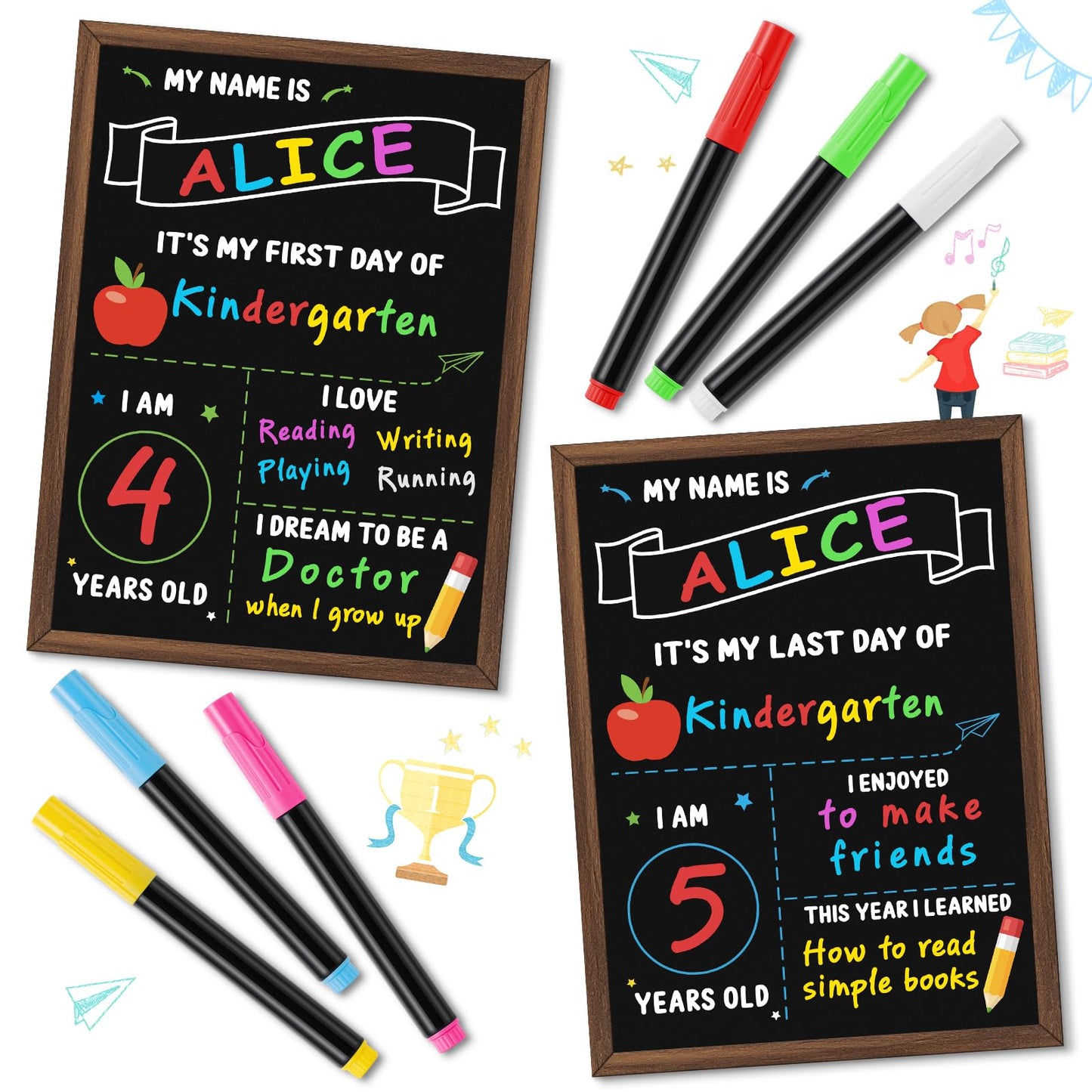 IJIGU First & Last Day of School Board, 14 x 10.5 Inch Double Sided Back to School Chalkboard with Frame, Reusable Wooden 1st Day of Preschool/Kindergarten Sign for Kids/Girls/Boys